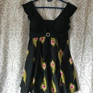 Swimdress black w yellow peacock feather accents